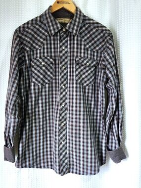 Denver Hayes Men’s Medium Pearl Snap Plaid Shirt Corduroy Trim Western Long Slee
